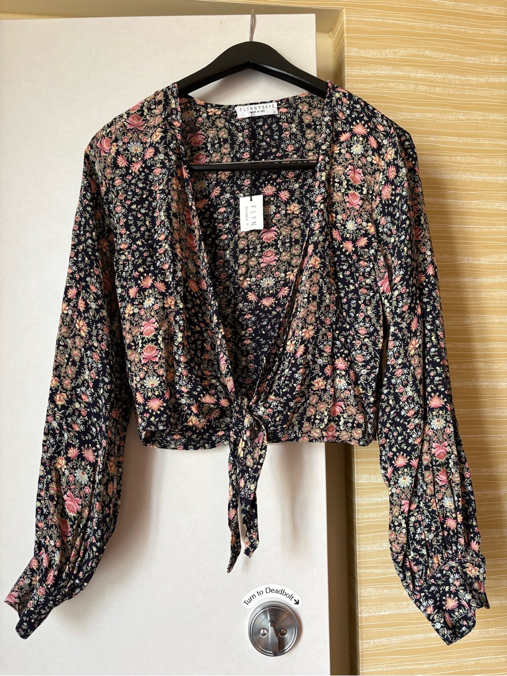 Flynn Skye Black Floral Tie-Front Crop Top with Pink & Cream Blooms